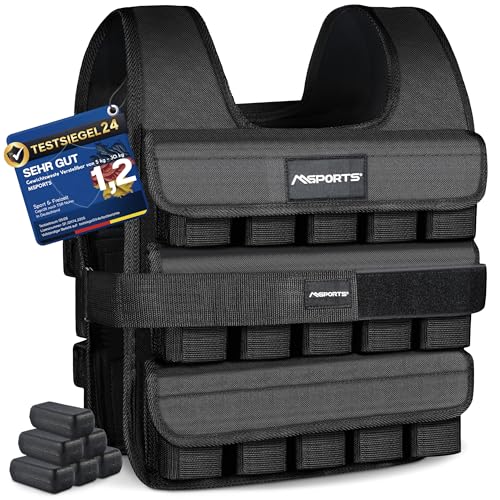 MSPORTS Gewichtsweste Premium Verstellbar von 5 kg - 30 kg Weighted Vest | Laufweste Damen Herren | Fitness Trainingsweste Krafttraining (30 kg, Black)
