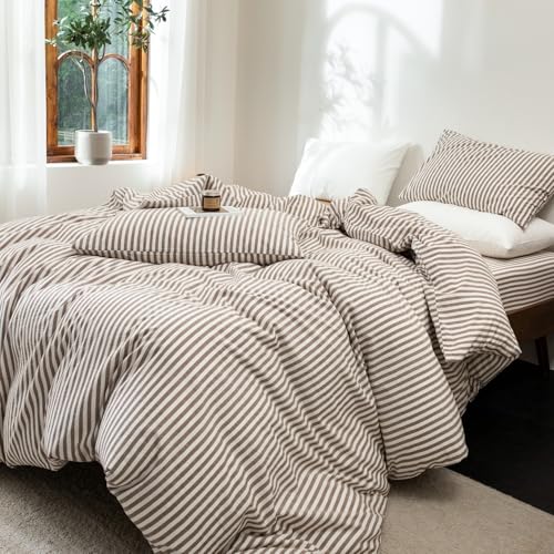 FOSSA Striped Duvet Cover Set 100% Washed Cotton Linen Feel Queen by FOSSA - Used condition - Image 2