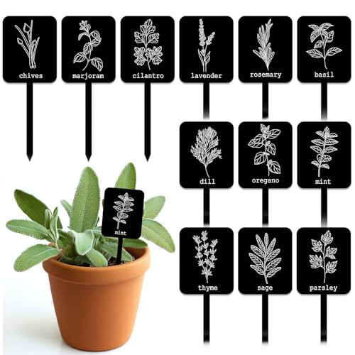 Whaline 24Pcs Acrylic Plant Label Signs 12 Styles Garden Herb Markers Plant Stake Tags Black Waterproof Tags with Herb Names for Nursery Indoor Outdoor Garden Decoration
