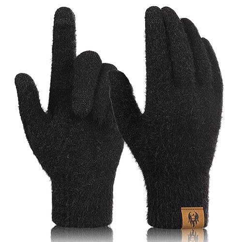 heekpek Guanti Invernali Donna a Maglia Lana Termici Leggeri Unisex Caldi Guanti Touch Screen Invernale, Nero