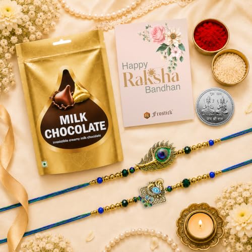 Image of Frostick Rakhi Gift Set for Brother with Kisses Chocolate Includes Set of 2 Premium Rakhis Card and Tikka Ideal Raksha Bandhan Combo for Bhaiya Boys, Kids and Men