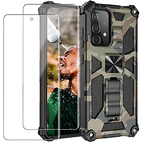 Compatible con Samsung Galaxy A52 funda con 2 protectores de pantalla de cristal blindado, funda protectora de silicona rígida de [con soporte...