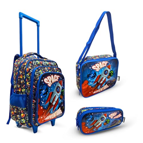 Balboa Kit Escolar com Rodinhas Space AMZ-171 Mochila 16', Lancheira Térmica e Estojo com 2 Compartimentos - Design de Foguete e Espaço