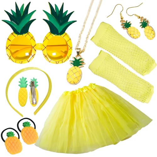 10 Ananas Kostüm Set für Damen Lustige Kostüme Accessoire Tiara Gläser Ohrringe Haarklammern Haargummis Halskette Netzhandschuhe Tutu Rock für Hawaii Cosplay Karneval Fasching Kostüm Party