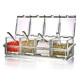 4-Piece Condiment Containers with Lids – Spices Box and Seasonings sets for Salt, Sugar, Pepper – Sugar Container with Spoons & Lids – Ideal for Countertop Seasoning Organizer, Topping Containers