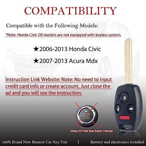 MechanMagic 2PCS Key Fob Remote Replacement Fits for Honda Civic EX Si Hybrid 2006 2007 2008 2009 2010 2011 2012 2013 Acura Mdx 2007-2013 N5F-S0084A Keyless Entry 4 Btns Remote Control 35111-SVA-306 by MechanMagic - Image 2