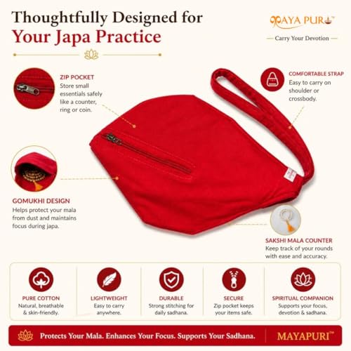 Image of Original Pure Cotton Gomukhi Japa Mala Bag /Chanting Bag or Beads Bag /Jholi /Thole with Zip Pocket and Sakshi Mala Counter (Red)