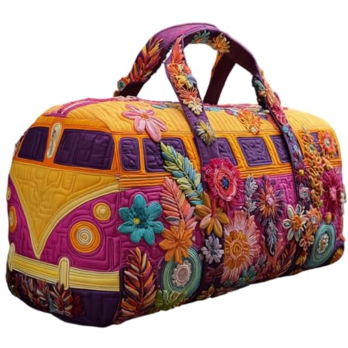 Générique Sac De Sport Matelassé Hippie Van, Style Rétro for Les Voyages Quotidiens, Fait À La Main VW Bus Boho Vintage Floral Weekender Sacs De Nuit for Les Voyages