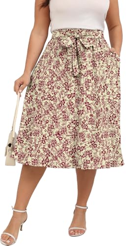 Xpenyo Women's Plus Size Bohemian Skirt Cute Wrap Circle Summer Beach Style Midi Skirts with Pockets White Red Flower 3XL