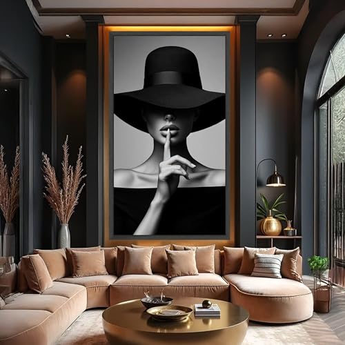 Affiche tableau sur toile femme au chapeau noir, portrait moderne 55x100 - 3