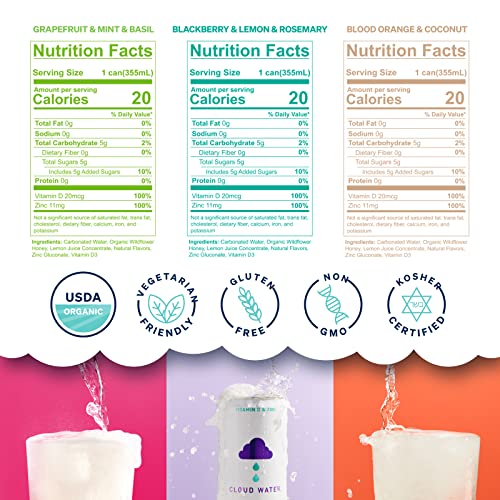 Organic Infused Sparkling Water With Immunity Support By Cloud Water - 12-Pack, Variety Pack - Low Sugar & Calorie Flavored Soda, Kosher - 100% Rdi Vitamin D3 & Zinc, (12 Oz) #TOP3