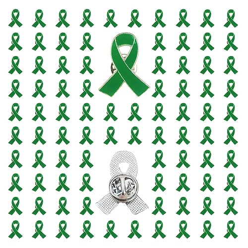 Image of Green Ribbon Pins 100 pieces Mental Health Awareness Pins Environment Issue Liver Cancer Awareness Ribbon Brooch