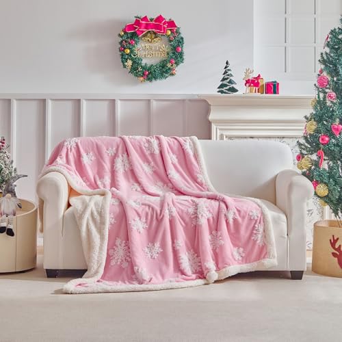 LenLuck Pink Christmas Blanket 50x60 Soft Flannel Fleece Front & Sherpa Back Snowflakes Throw Blanket for Couch Fluffy Fuzzy Blanket Christmas Decor Gift for Women Men