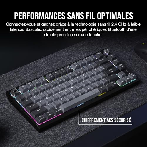 Corsair K65 Plus Wireless 75% RGB Mechanical Gaming Clavier – Commutateurs Linéaires MLX Red Pré-Lubrifiés – Keycaps PBT Dye-Sub – Compatible iCUE – PC, PS5, PS4, Xbox – AZERTY FR – Noir/Gris