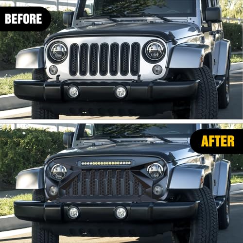 Image of Nilight Front Bumper Grill Cover for 2007 2008 2009 2010 2011 2012 2013 2014 2015 2016 2017 2018 Wrangler JK /JKU Rubicon, & Sahara Sport with LED Work Light Pods Matte Black