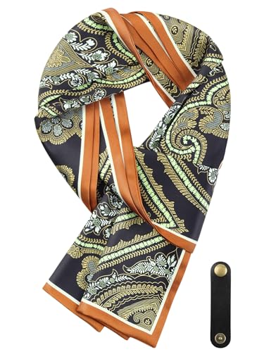 WANYING Herren Schal aus Kunstseiden Krawattenschal Ascot Multifunktion Halstuch Langer Schal mit Leder Loop Casual Business Gentleman 16 * 149 cm - Druckmuster Schwarz Braun Retro Pattern