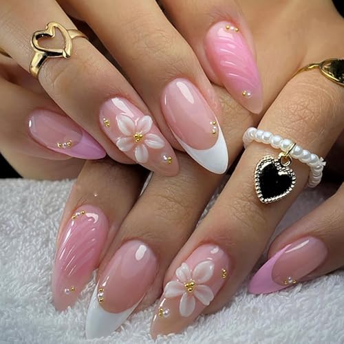 24Pcs Pink Press on Nails Almond Medium French Tip Fake