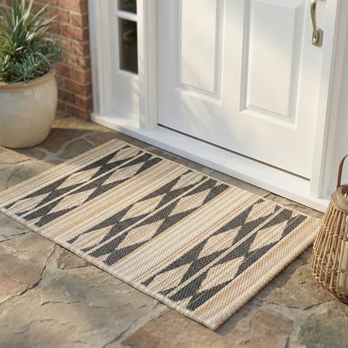 Fab Habitat Striped Non Slip Doormat - Durable, Thin - Recycled Plastic - Entryway, Front Door, Porch, Patio - Cairo - Natural & Black (24" x 36" Non-Slip)