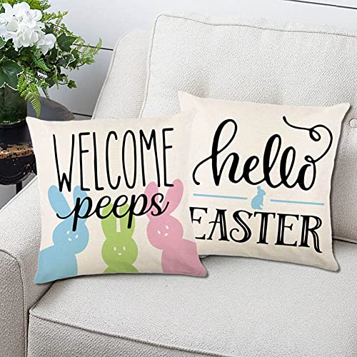 Gaonini Easter Pillow Covers 18X18 Set Of 4, Easter Pillows Decorative Throw Pillows, Stripe Bunny Truck Eggs Welcome Peeps Hello Easter Pillow Cases Easter Decorations For The Home Couch #TOP6