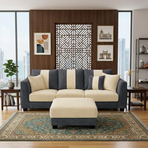 Image of Revo 4 Seater L Shape Sofa Set with Movable Ottoman | Flexible Left or Right Layout | Luxury Velvet Suede Fabric | Modern Living Room Sofa | Dark Grey-Cream