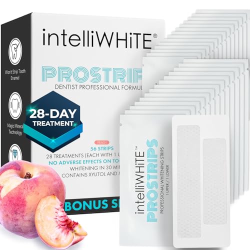 Image of IntelliWHiTE ProStrips Teeth Whitening Strips, 28 Day Treatment, Whitens Up to 12 Shades, Enamel-Safe Gentle Remineralizing Formula, Dentist Formulated for Sensitive Teeth, (56pk Peach Flavor)