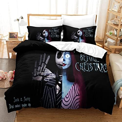 Nightmare Before Christmas Duvet Cover with Pillowcases Jack And Sally Cartoon Bedding Set with Zipper Closure Luxury Soft Microfiber Quilt Covers for Kids Teens Adults Double200x200cm