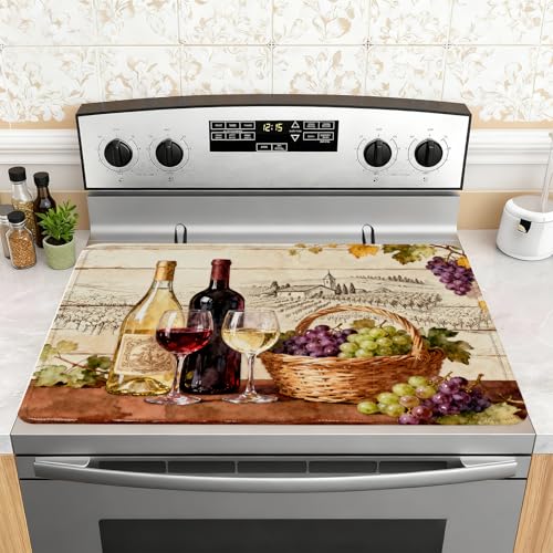Image of Red Wine Glass Grapes Stove Top Cover for Electric Stove, Vintage Wine Bottle Covers for Electric Stove, Rubber Dish Drying Mat, Glass Cooktop Covers, Flat RV Range top Mats, 28 inchx20 inch