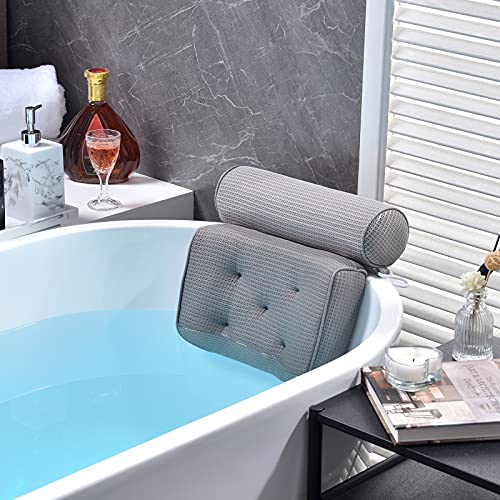 Omystyle Bath Pillows For Tub, Bathtub Pillows With Soft 5D Air Mesh & 5 Large Suction Cups, Quick Dry Spa Bath Pillow For Neck, Head, Shoulder And Back Support - Soft, Non-Slip, Extra Thick | Gray #TOP6