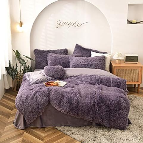 vannawong Plush Velvet Duvet Cover 4 Piece Set, Ultra Soft Mink Cashmere Bedding Comforter Cover Pillow Cases Winter Warm Flat Sheet Shaggy Bedspread Greyish Purple King/Queen Cover