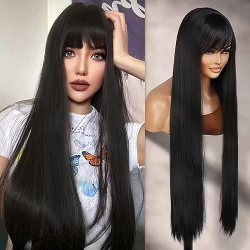 YKHJH 40 Inch Black Synthetic Wig Long Straight Wigs Synthetic Hair,Heat-Resistant Fiber Glueless Wig for Cosplay Daily Wear （Black）