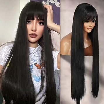 40 Inch Black Synthetic Wig Long Straight Wigs Synthetic Hair,Heat-Resistant Fiber Glueless Wig for Cosplay Daily Wear Black