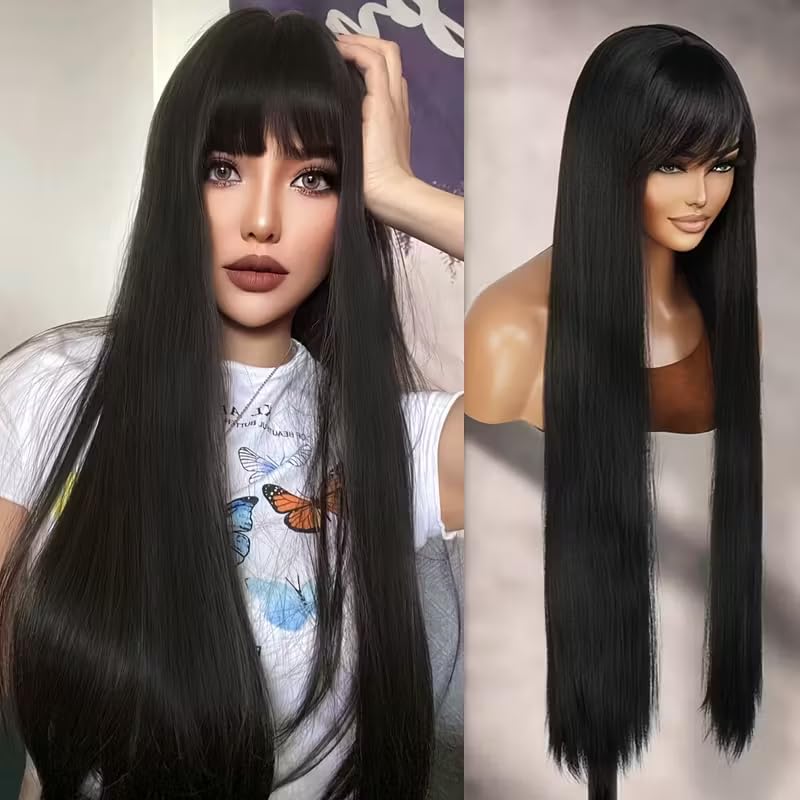 Amazon.com : YKHJH 40 Inch Black Synthetic Wig Long Straight  display picture 1