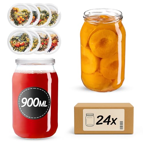 KADAX Tarros de conservas de 900 ml con tapa de rosca fi82 mm, tarros grandes con tapa Twist Off, tarros para conservas de pepinos, conservas (huerto, 24 unidades)