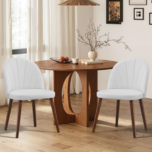 Newnno Fabric Dining Chairs Set of 2, Upholstered Mid Century Modern Dining Chairs, Armless Accent Chair with Walnut Wood Legs for Kitchen, Living Room, Dining Room, White