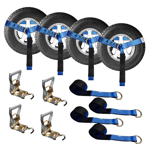 Image of Mega Cargo Control 4 Set 2 inch x 10' Wheel Lift D Ring Lasso Strap w / (4) 2 inch Ratchet, (4) Tube J Hook , (4) Lasso Winch Sleeve Protector - (Gift) | Ratcheting Tow Truck & Hauling (Blue)