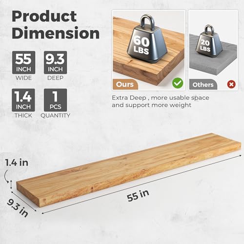 Image of RICHFOCUS Elm Floating Shelves for Wall - 55 inch W x 9.3 inch D Rustic Solid Wood Shelves with Invisible Bracket, Wall-Mounted for Living Room, Bedroom, Kitchen Storage & Display, Set of 1, Natural