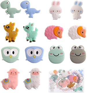 SUNNYCLUE 1 Box 14Pcs Animal Silicone Beads Cute Silicone Focal Beads Bulk Rabbit Sheep Frog Large Beads Owl Colorful Rubber Chunky Beads for Jewelry Making Beading Kits DIY Pens Lanyards Keychain