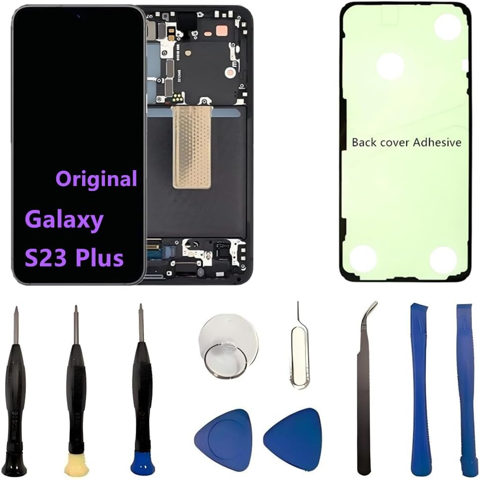 Original 6.6" AMOLED Display for Samsung Galaxy S23 Plus Screen Replacement OEM S23Plus 5G SM-S916U SM-S916U1 Display Touch Screen Digitizer Assembly (with Black Frame+Back Cover Adhesive+Tools)