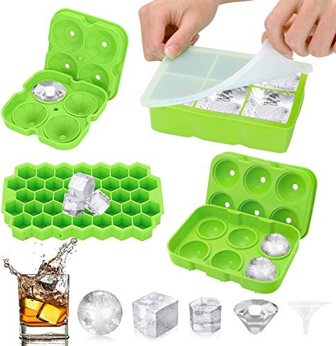 Bandeja para cubitos de hielo, moldes de silicona para congelador con tapa, bola de hielo esférica, cuadrado grande, reutilizable y libre de BPA, 4 piezas (verde) Cover