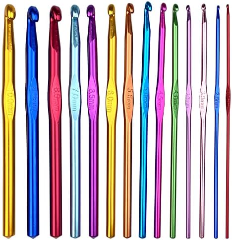 Gvolatee Zestaw 14 szydełek szydełkowych szydełek szydełkowych z kolorowego aluminium, 14 rozmiarów, 2 mm - 10 mm, akcesoria do robienia na drutach