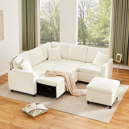Bladez Sofá cama extensible de chenilla, en forma de L, con función de dormir y almacenamiento, moderno sofá en forma de L con taburete, USB y tipo C, mesa integrada, sofá cama para salón (beige, 4