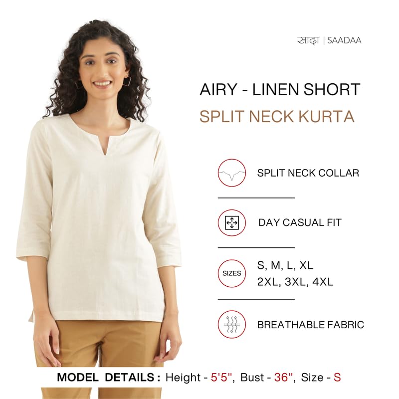 Image of SAADAA Airy Linen Split Neck Short Kurta for Women | Casual & Office Wear | 3 /4 Sleeves, Comfortable Fit | Elegant Top | Lightweight & Breathable Fabric |