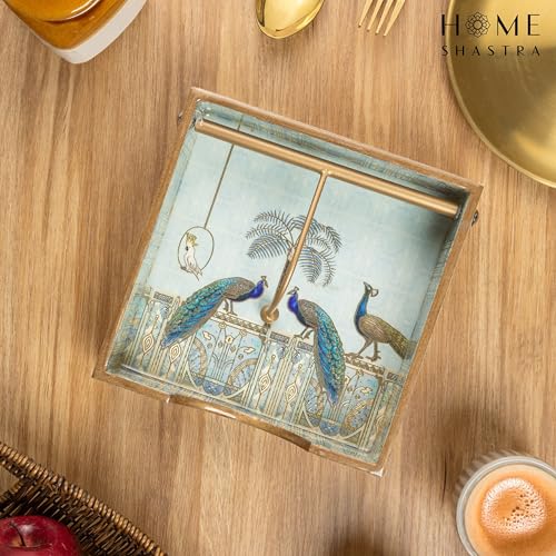Image of Wooden Napkin Holder with Gold Engraving | Pack of 1 | Size : 7.5 x 7.5 inch | Enamel Coated Waterproof | Tissue Holder for Dining Table | (Blue Peacock Napkin Holder)