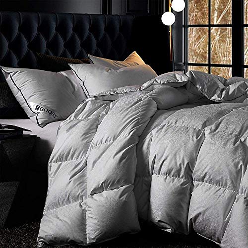 1 Piece Jacquard 90% Hungarian Goose Down Comforter King Size, Modern Oversized Extra Warmth Baffle Box Construction Super Soft Comfy Cozy Durable Silver Satin Piping White 269 TC Cotton Comforter