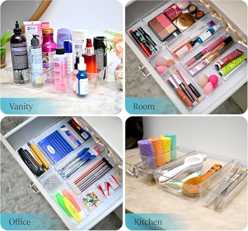 Image of Clear Plastic Drawer Organizers Set, 4 different size Versatile Bathroom and Vanity Drawer Organizer Trays, Storage Bins for Makeup, Bedroom, Kitchen Gadgets Utensils and Office (4 PC SET NEW)