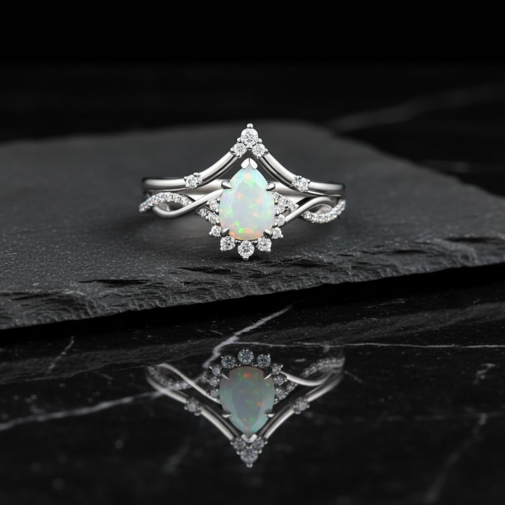 1.5 Carat Opal Engagement Ring Set for Women Unique Pear Cut Ring Bridal Set 925 Sterling Silver Rings with 18K White Gold Plated