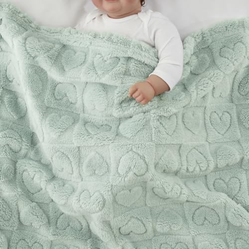 Image of CREVENT 30 inchX40 inch Cozy Soft Warm Sherpa Baby Blanket for Girls Boys, Newborn Essentials for Infant, Baby Shower Receiving Gift - Green Heart 75X100cm + Gift Bag with Ribbon