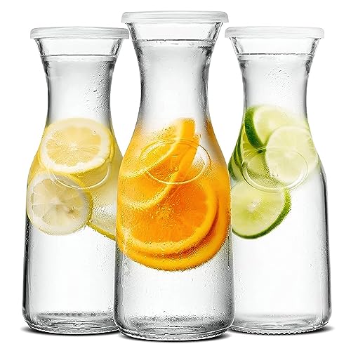 QMAAAYS 3pcs Glass Carafe Pitchers, 1L/34oz Capacity, Transparent, Modern, Unique Design, Tight-Fitting Lids, Perfect for Wine, Juice, Coffee, Milk, Dishwasher Safe