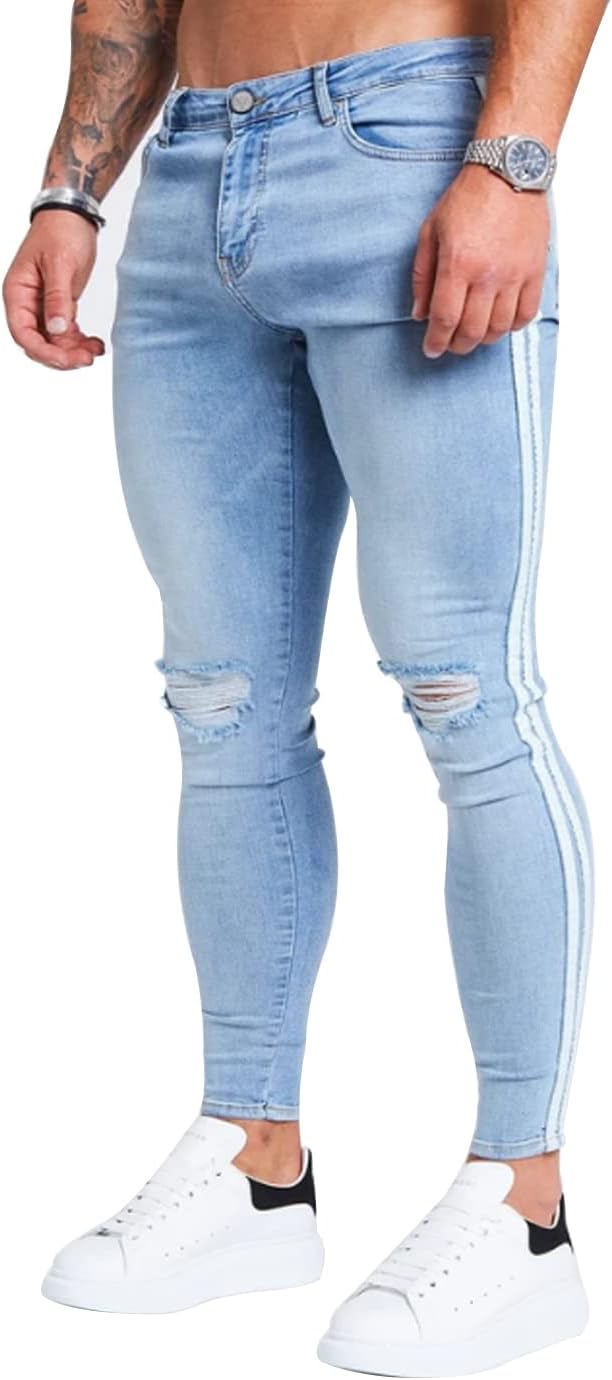 HUNGSONMen's Ripped Skinny Jeans Stretchy Slim Fit Jeans Pants