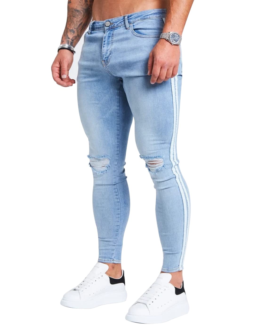 HUNGSONMen's Ripped Skinny Jeans Stretchy Slim Fit Jeans Pants
